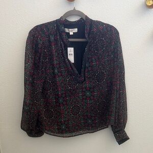 LOFT Women's Black and Green Floral Blouse